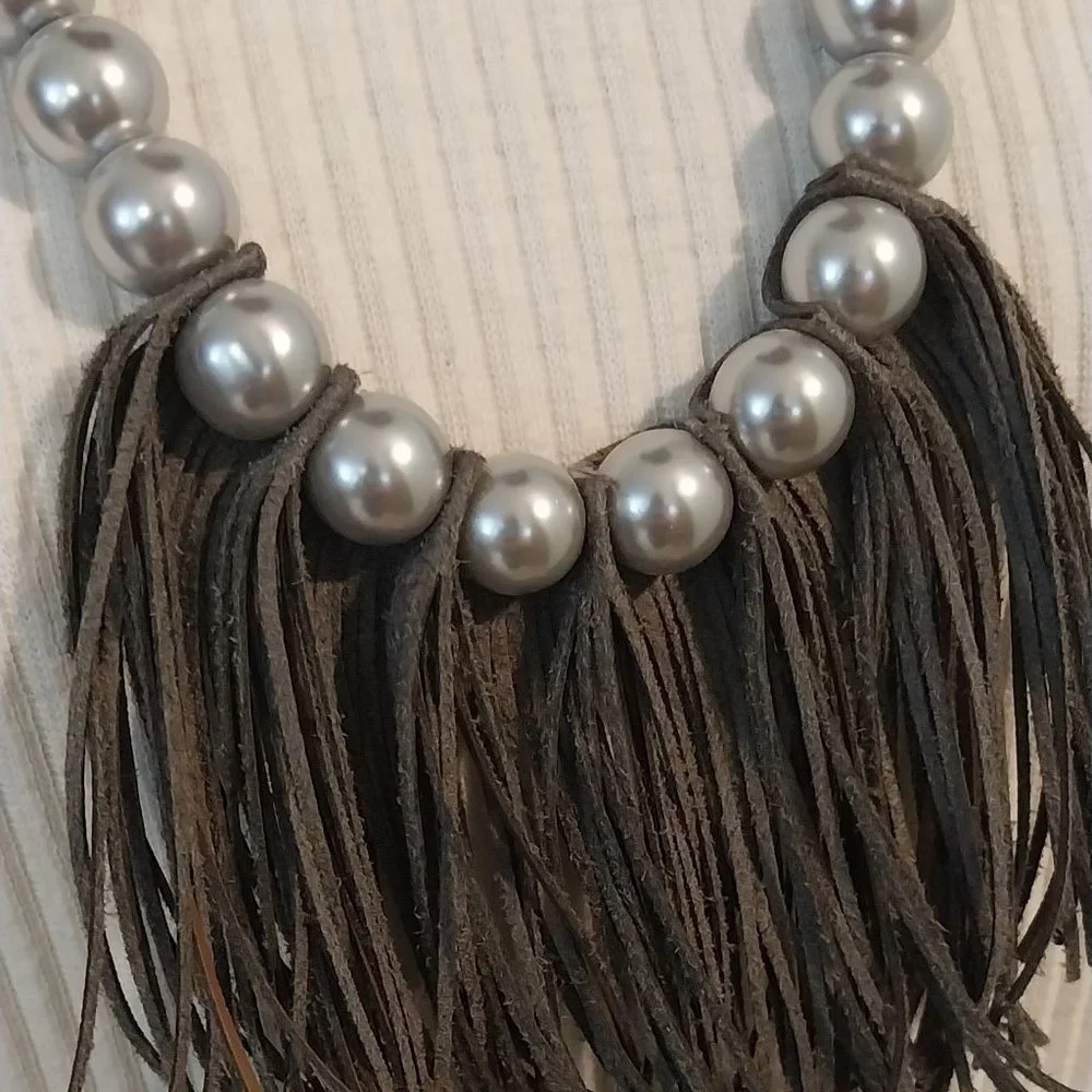 2950 Plunder Grey Pearl Beads With Leather Look Fringe With Ribbon Connect. - Picture 2 of 5